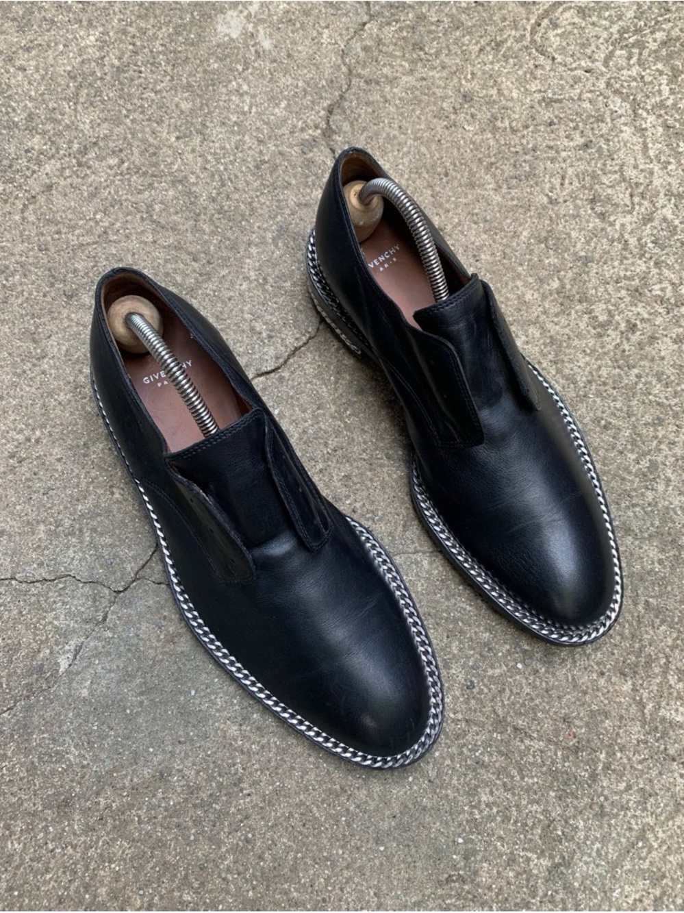 Givenchy Black Leather Slip-On Loafers with Braided Silver Trim